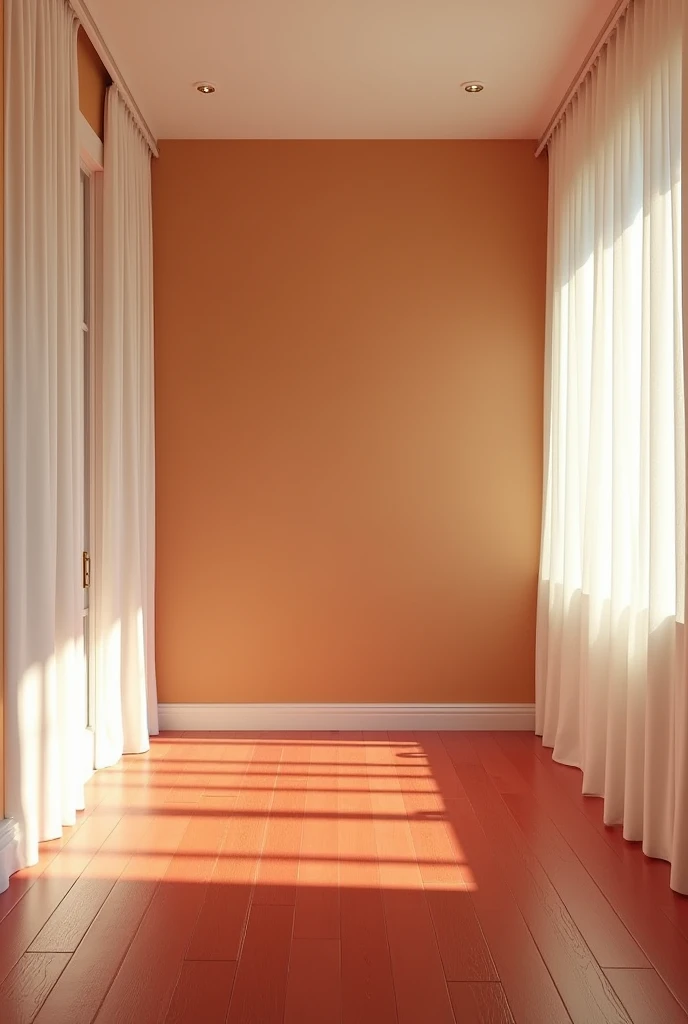 Room with red floor, white roof, Corn-colored walls and white curtains