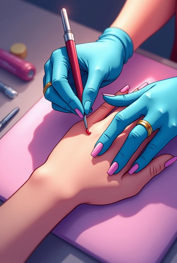 HAND OF A PERSON AND HAND OF A MANICURIST FIXING NAILS ANIMATED DRAWING WITH PINK AND BLUE COLORS AND IN WHICH THE MANICURE TOOLS CAN BE SEEN AS IF THEY WERE ON A TABLE WITH THEIR 5 FINGERS AND THAT THEIR FINGERS HAVE BEAUTIFUL NAILS WITH GOLD RINGS, that only one hand is seen, that it has very good lighting for a nail logo that the color of the two hands are different