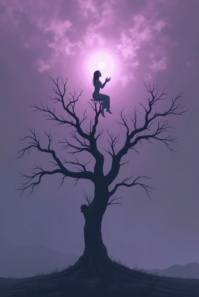 A tree with leafless branches in the nothingness a woman on top of the tree and the sky with a violet light The woman looking at her hands without her body as if in a dream receiving an epiphany in the tree And a voice tells her your hands are for creating