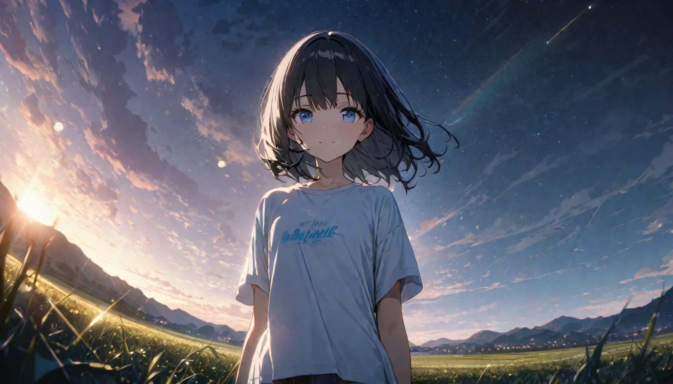 ((ultra-detailed))/(one women with short black hair and bob hair.、beautiful blue eyes,.、smile、gentle smile on her face、flat chest, one Beautiful girl,((masterpiece, illustration, best quality) ((ultra-detailed))/)Masterpiece\,standing on a field viewing the night sky with dark clouds and stars, a comet passing by, and many stars, wearing white tshirt,濃い青とBeautiful Blueのグラデーション, High resolution, 8K HD detail, hyper-detail, cinematic, surrealism, soft light, deep field focus bokeh, ray tracing and surrealism. --v6'