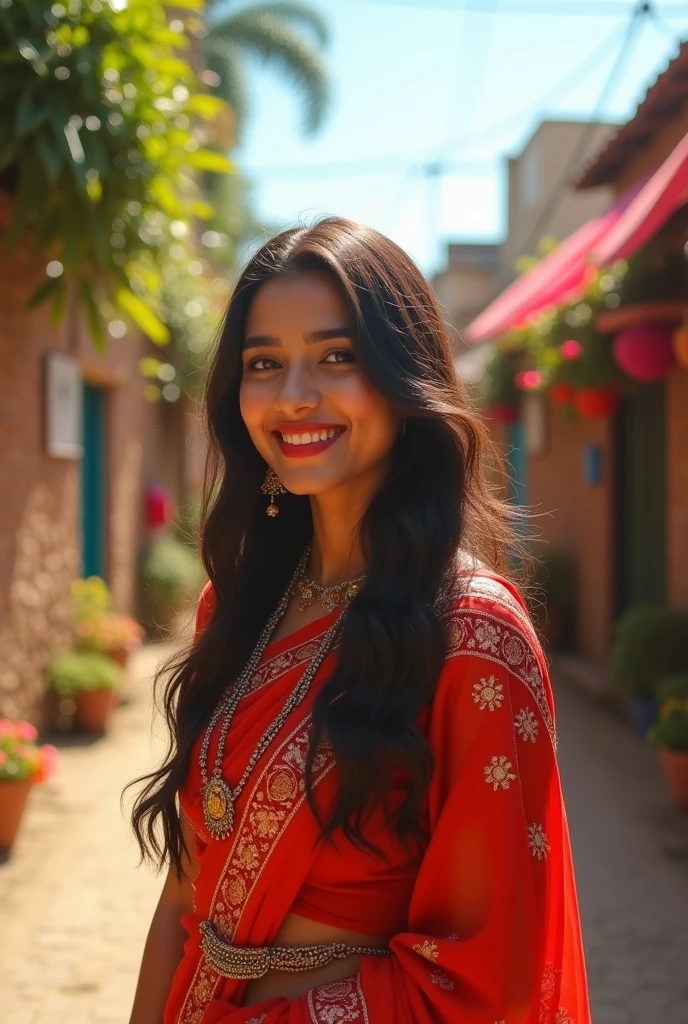 Una suna chica india de 25 años con Long hair usando sari en un pueblo por el, sun, cubriéndose de los rayos del sun, blue sky, smiling, flores, street decoration, plants, Long hair, Red lips, green clothes and details, Accessories, Real photo, lightning, canon camera focus
