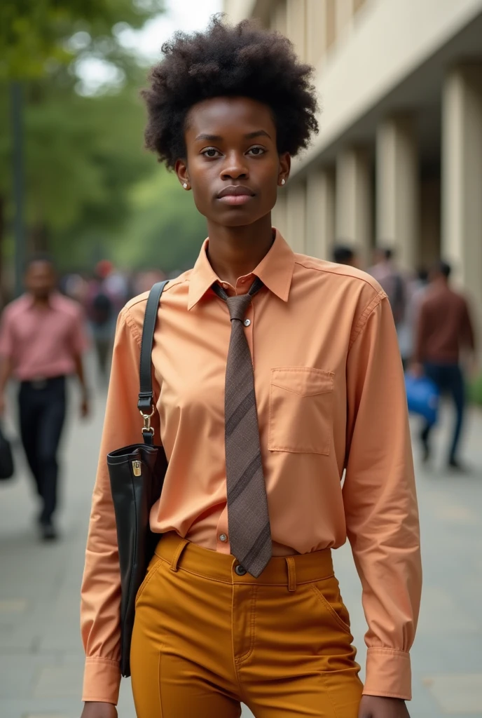 Generate for me a image of 100kg and 2 university student of electrical engineering boy who wearing a dress pent of Golden brown color and peach color shirt and suggest a best combination of tie with it . The skin color of the boy is little bit dark.. so keep it in mind..