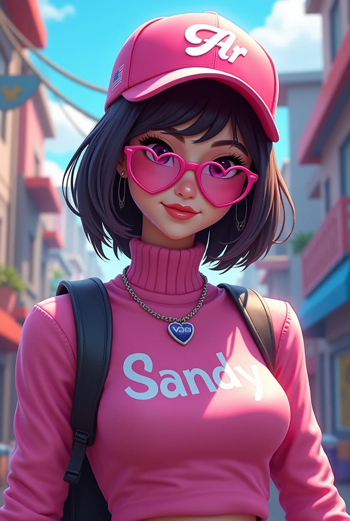 Free fire game style female character, with pink cap, heart glasses, turtleneck blouse with the name SANDY written on it