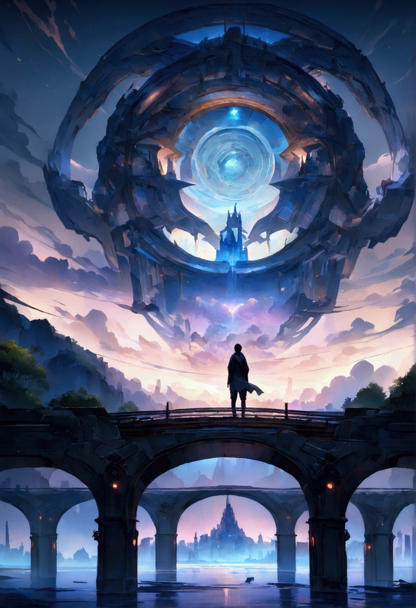 (8k unit wallpaper CG extremely detailed, masterpiece, best quality, ultra-detailed), (((solo)))), ((extremely wide shot:1.15)), a man on a bridge looking at a scifi city in the distance in the background, ((back view)), ((full body)), (high detail), (intricate details), intricate, magnificent scene, detailed environment, highly detailed environment, illustrator, (masterpiece).