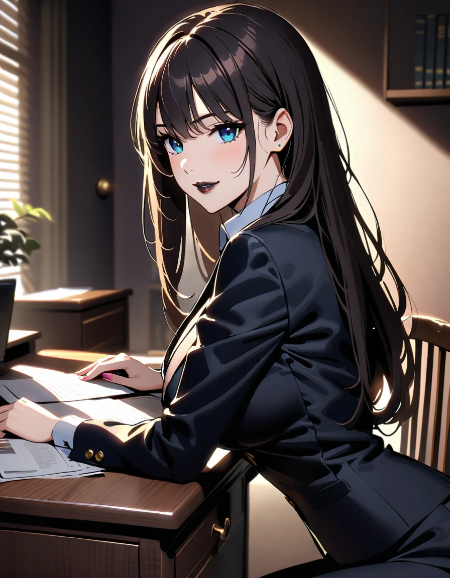 A sultry secretary sits seductively behind a polished wooden desk, her wet black lips curled into a sly smile. Framed in a dimly lit office, her curves are accentuated against the rich wood tone. She manipulates her male-dominated team with captivating beauty, dictating every move as they fall prey to her charms. Her eyes gleam with mischief, illuminating the shadows of the room.