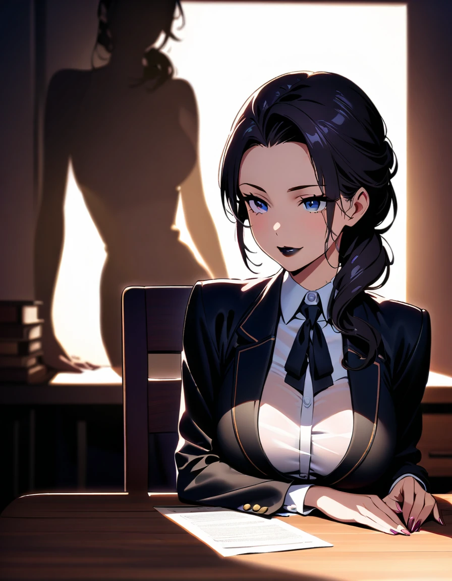 A sultry secretary sits seductively behind a polished wooden desk, her wet black lips curled into a sly smile. Framed in a dimly lit office, her curves are accentuated against the rich wood tone. She manipulates her male-dominated team with captivating beauty, dictating every move as they fall prey to her charms. Her eyes gleam with mischief, illuminating the shadows of the room.