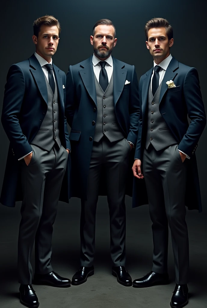 Just a 3 man in a midnight blue coat, White shirt, grey trousers and grey vest and black shoes (elegant)