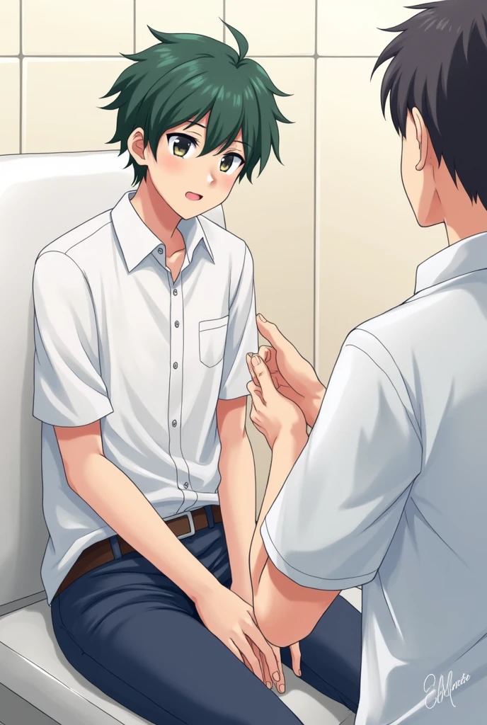 An anime illustration of a high school boy whose little penis gets erect after being changed by a male nurse.