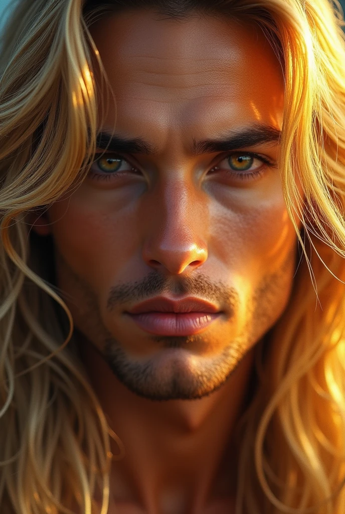 Gold hair hunk, face forward, close up, blonde, gold eyes, devine