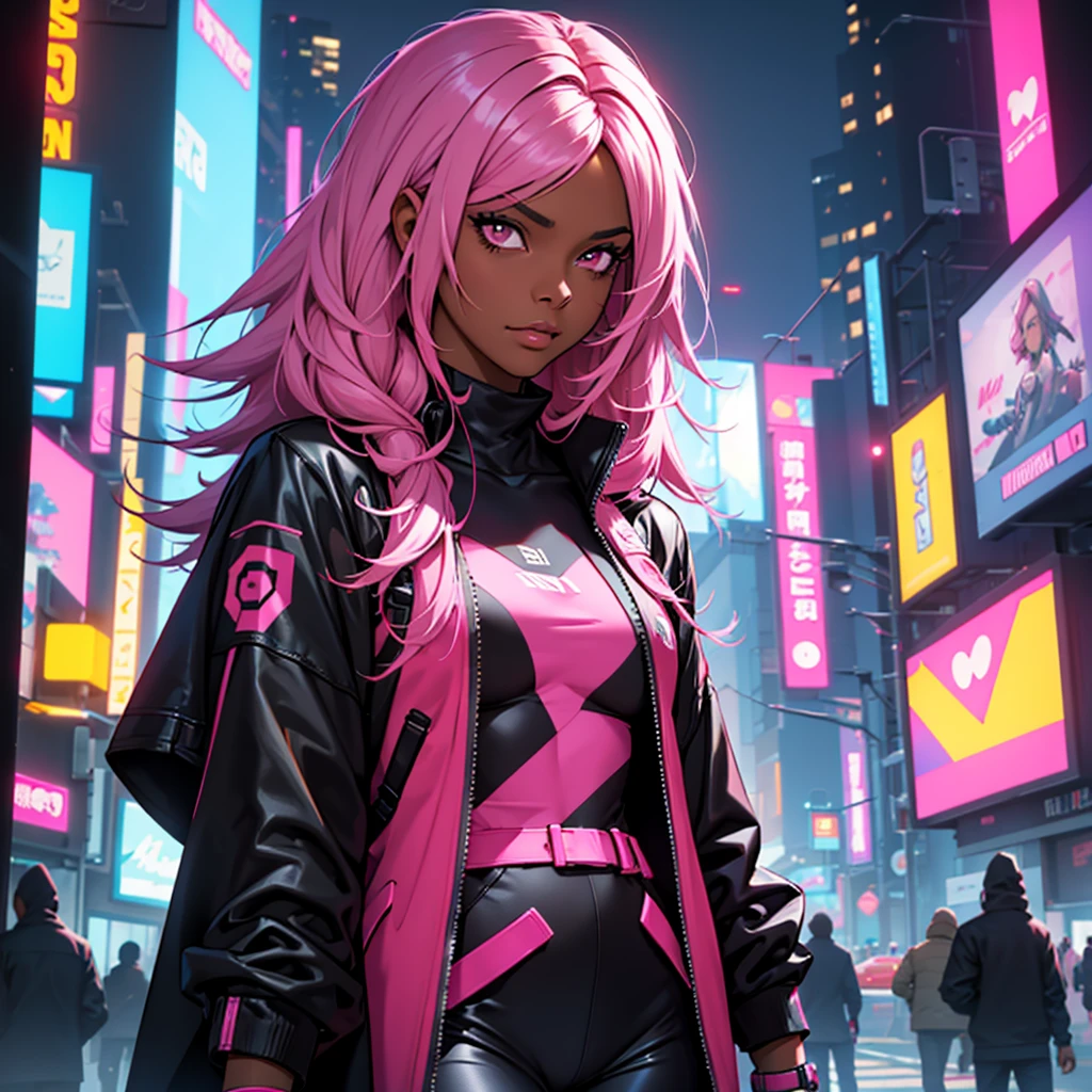 Woman, dark skin, straight pink hair, dark skin, wears a black jumpsuit with a pink cape, cyberpunk style 1 , Cabelo comprido, Fundo simples, Olhando para o espectador,