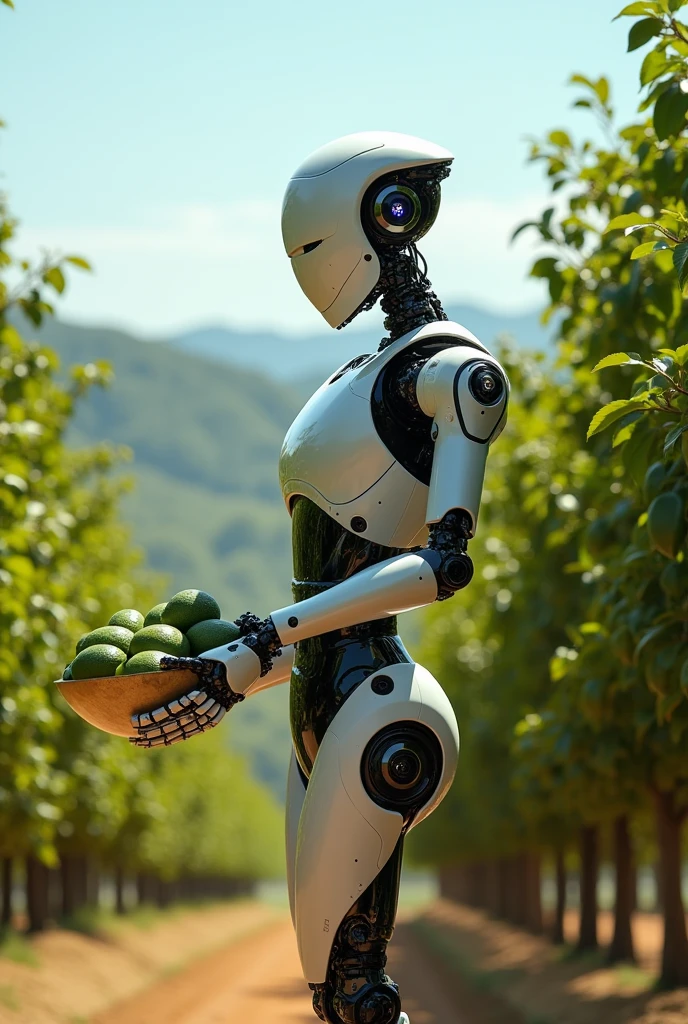 Robot with a robotic arm that is capable of collecting avocados in an orchard