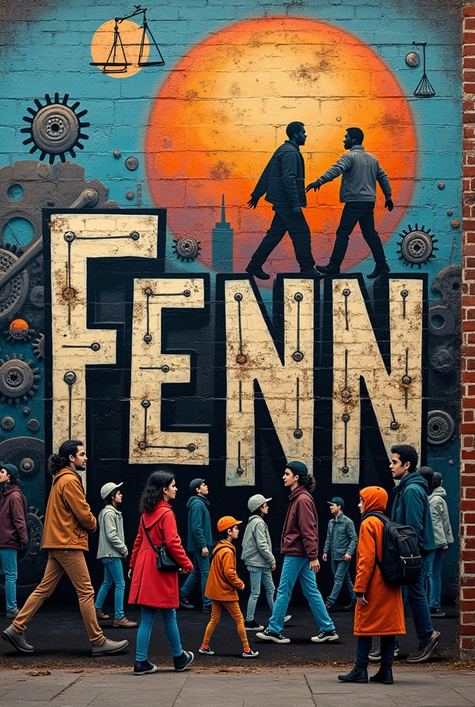 Imagine a cover for a Sociology paper, where the title is centered in large, stylized letters, as if they were graffitied on a worn brick wall. Ao fundo, there is an urban graffiti mural that depicts modern society: On one side, figures of ordinary people, of all ages and ethnicities, walking around the city. In the other, there are symbolic elements, like a scale of justice, gears representing the industry, and faces mixed with gears, symbolizing the individual immersed in the system.
Graffiti is colorful and vivid, with shadows and lights that give a deep and reflective tone to the art, as if inviting the observer to reflect on social inequalities, the role of culture and power dynamics. fenn, the title of the work stands out, blending harmoniously with the graphite, as if it were part of the art itself.