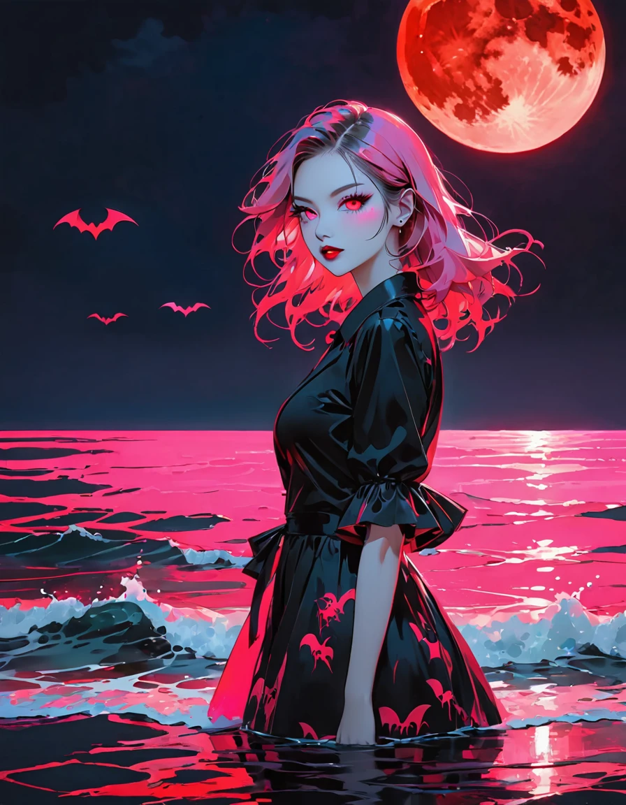 pink neon vampire, dark ocean, night, red moon