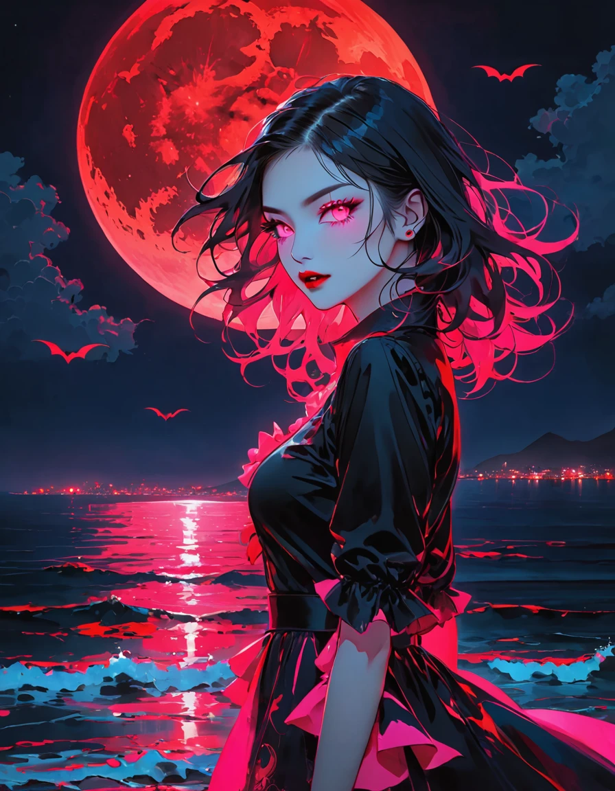 pink neon vampire, dark ocean, night, red moon