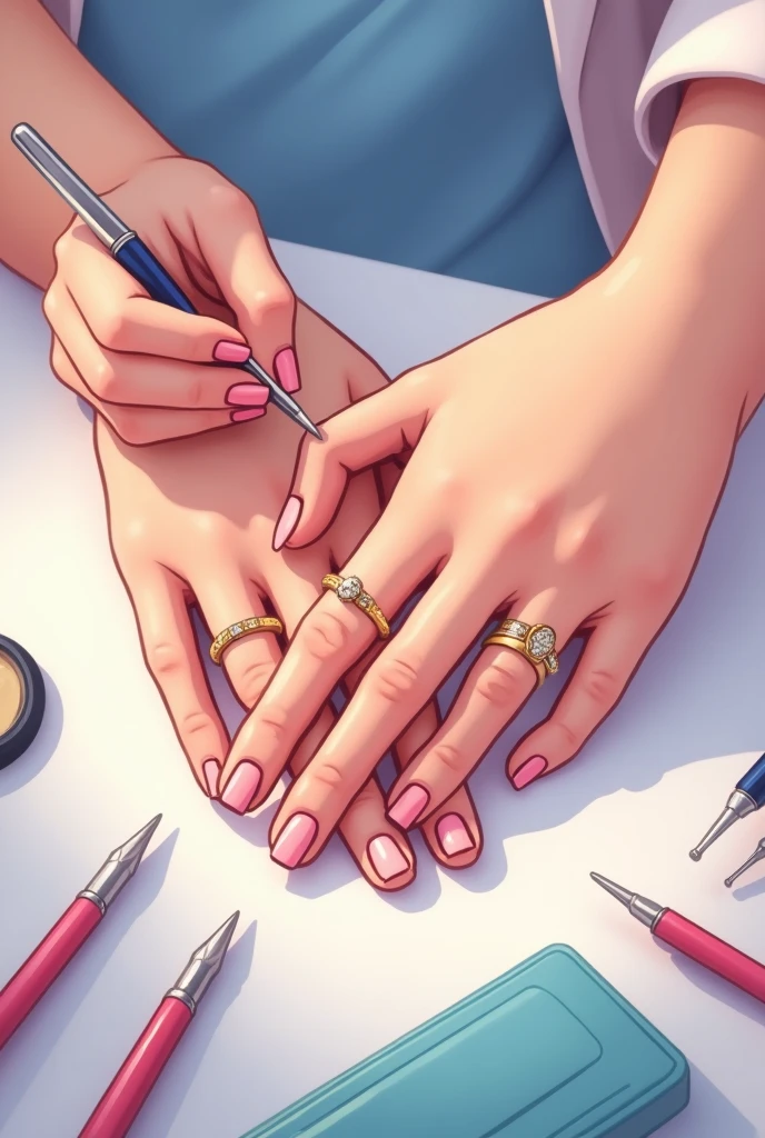 HAND OF A PERSON AND HAND OF A MANICURIST FIXING NAILS ANIMATED DRAWING WITH PINK AND BLUE PASTEL tones AND IN WHICH THE MANICURE TOOLS CAN BE SEEN AS IF THEY WERE ON A TABLE WITH THEIR 5 FINGERS AND THAT THEIR FINGERS HAVE BEAUTIFUL NAILS WITH GOLD RINGS, that only one hand is seen, that it has very good lighting for a nail logo that the color of the two hands are different