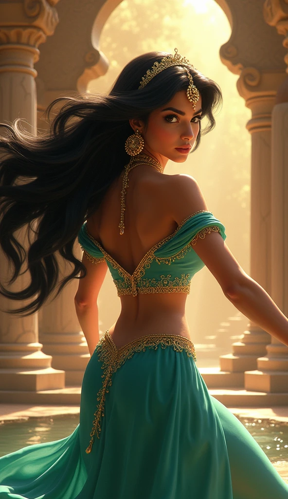 Stunning Princess Jasmine, photo in 8k, in action, cinematic.