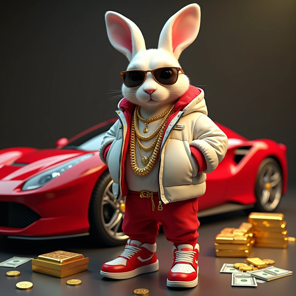 create a rabbit character, strong physique, with gold chains, with sunglasses, white jacket with red details, with red sneakers with white details, next to a red Ferrari car, with boxes of gold bars around, and bundles of money around, realistic high resolution image