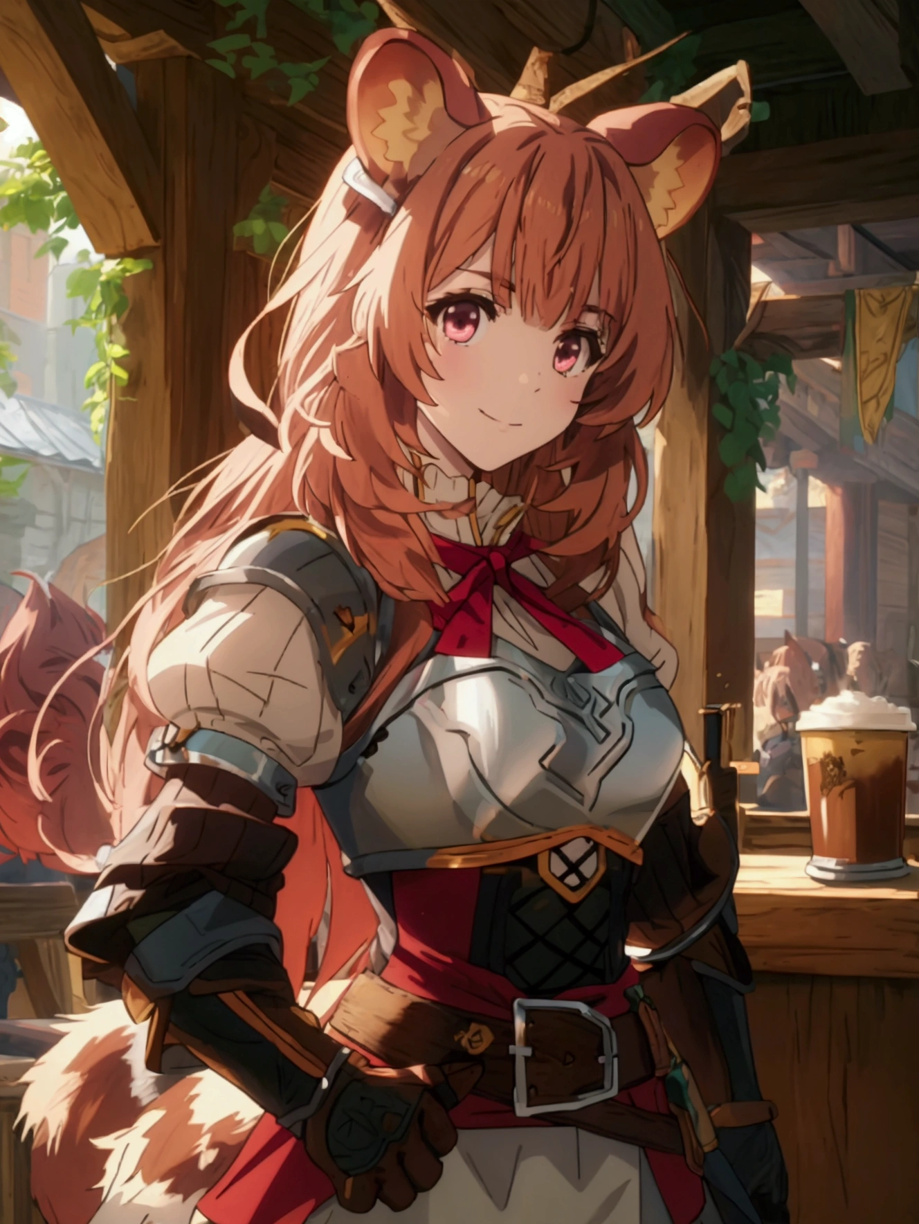 masterpiece, vibrant colours, hd, highres, absurdres, best quality, detailed, sharp, raphtalia, long hair, bangs, brown hair, animal ears, raccoon ears, raccoon tail, raccoon girl, pink eyes, smile, long sleeves, sweater, ribbed sweater, puffy sleeves, breastplate, red ribbon, gauntlets, glove, brown gloves, belt, skirt, armor, indoors, tavern, medieval, coffee, nature, looking at viewer, cowboy shot, dutch angle, dynamic pose,