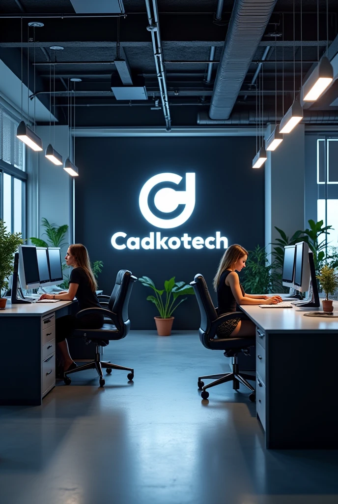 I want to create a new office design photo with the logo cadkotech with beautiful and sexy girls. We work in mechanics. We have 7 male members. We have 7 male members. Office about 100 m2 sexy girl
