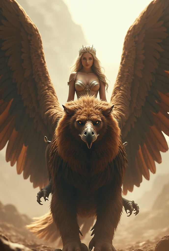A griffin with its wings spread, the wings and upper body of an eagle, the body of a lion, a sharp beak, a beautiful and powerful figure, and a princess wearing armor on its back, ((masterpiece, Highest quality, Best image quality, High resolution, Realistic, RAW Photos, 8k)), ((Highly detailed CG synthesis 8k wallpaper)), (Huge and stunning goddess shot, Very hot and sexy, Incredible beauty, Perfect Proportions, Beautiful body, Slim body beauty:1.4), front view,