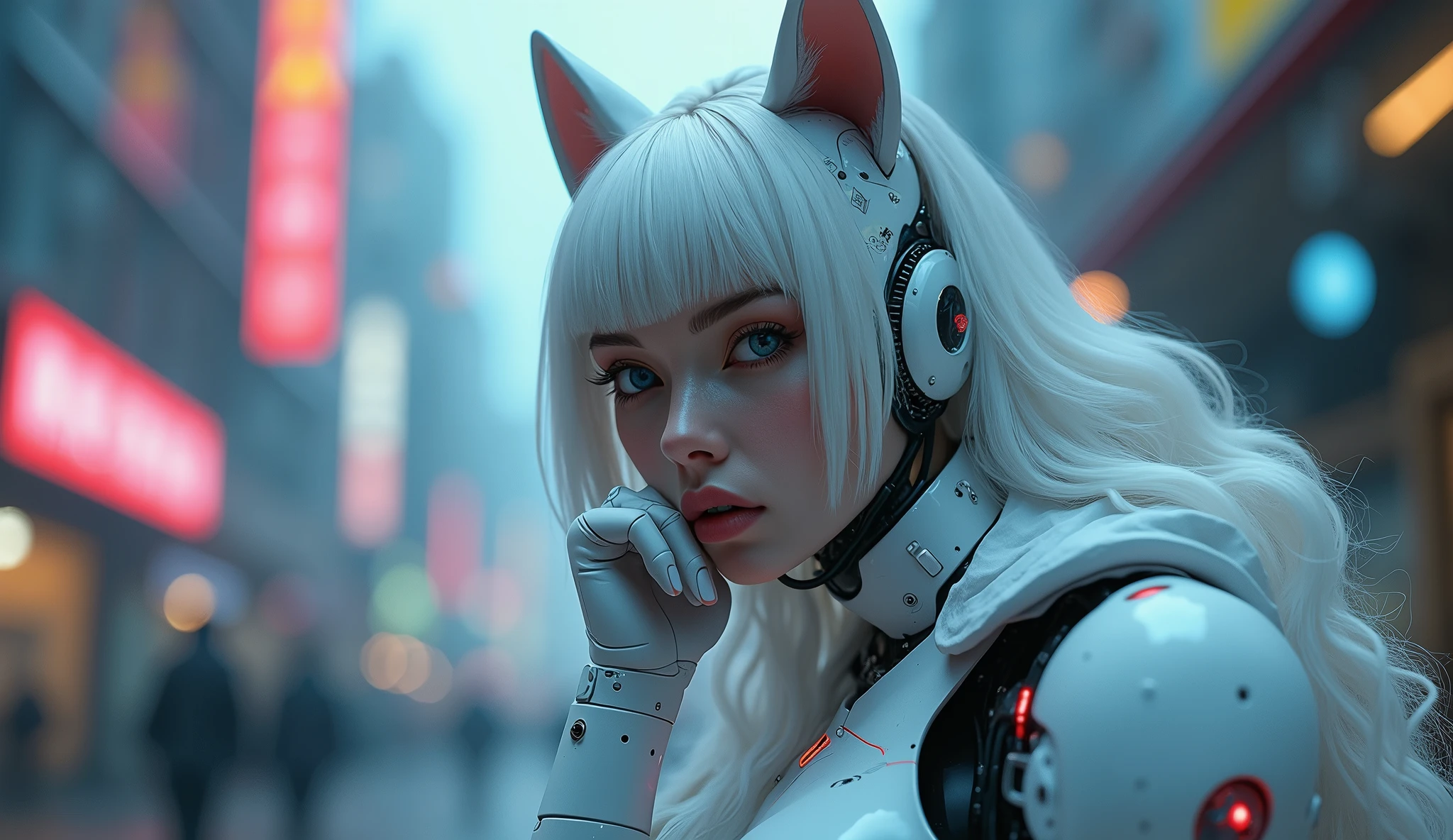 8K, RAW, best quality, masterpiece, ultra high res, colorful, portrait, (medium wide shot), (dynamic perspective), sharp focus , (depth of field, bokeh:1.3), extremely detailed eyes and face, beautiful detailed eyes,
(Very noble and beautiful), Cinematic Light, (1 Mechanical anthropomorphic white wolf girl), Looking at viewer, White ceramic body, luminescent android blue eyes, black sclera, big cleavage, Solo, (Mechanical joints), (Mechanical limb), (Blood vessels attached to telemechanical spine attached to the back), (Mechanical cervical vertebrae attached to neck), (Wires and cables attached to the head and body), neon details, Science fiction, full body shot, The background is Cyberpunk City, realistic, hand on face