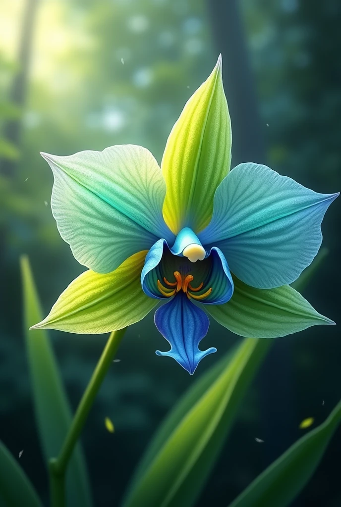 An orchid flower with new color characteristics: cerulean, green and yellow
