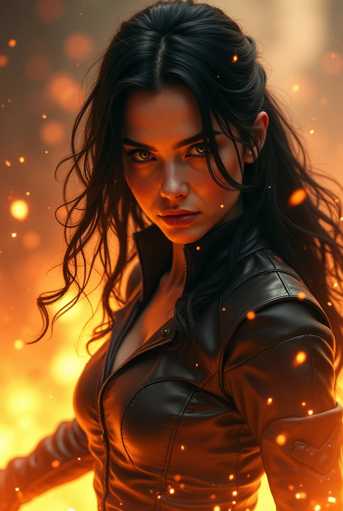 The image shows a woman with black hair and golden eyes in an environment intensely lit by flames and sparks.. His face is determined and focused, with an expression of seriousness and concentration. She wears a dark leather jacket with metallic-looking details., that suggest combat or protective clothing. 

The background is blurred, but you can see several lights and flames, that add a dramatic effect to the environment. Particles of sparks and small flames fly around her, reinforcing the sensation of heat and intense action. The lighting is warm, dominated by shades of orange and yellow, which contrast with the deep shadows on her clothes and face. The woman appears to be in a position of action, as if ready to cast a spell or perform a quick movement, conveying a sense of power and dynamism.