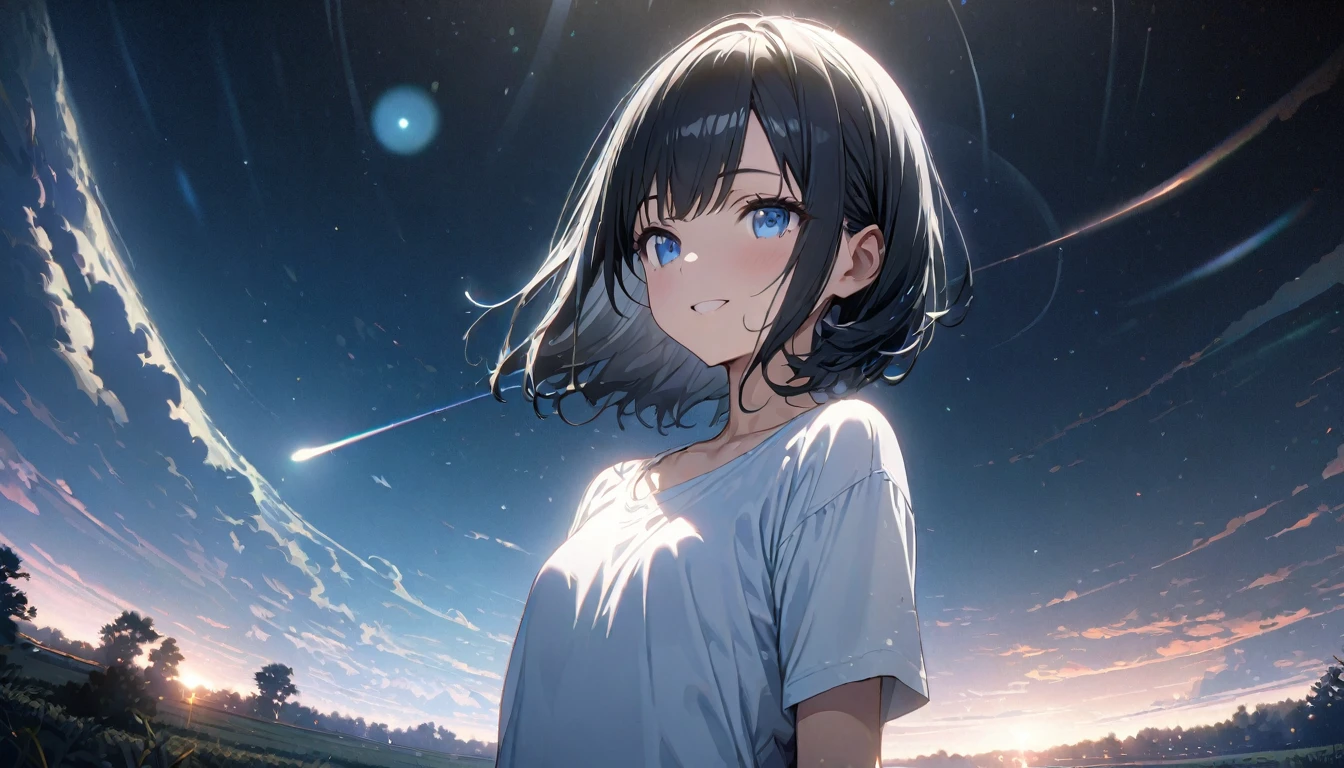 ((ultra-detailed))/(one women with short black hair and bob hair.、beautiful blue eyes,.、smile、gentle smile on her face、flat chest, one Beautiful girl,((masterpiece, illustration, best quality) ((ultra-detailed))/)Masterpiece\,standing on a field viewing the night sky with dark clouds and stars, a comet passing by, and many stars, wearing white tshirt,濃い青とBeautiful Blueのグラデーション, High resolution, 8K HD detail, hyper-detail, cinematic, surrealism, soft light, deep field focus bokeh, ray tracing and surrealism. --v6'