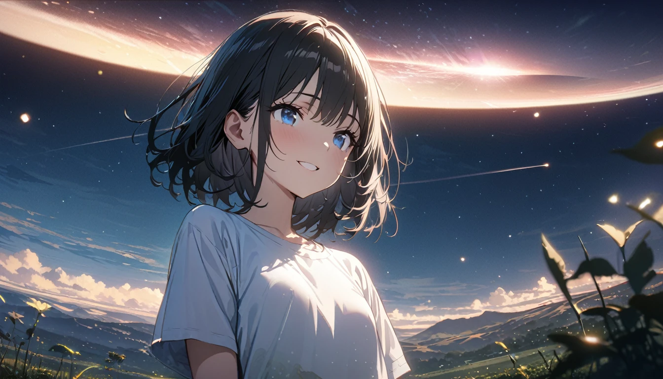 ((ultra-detailed))/(one women with short black hair and bob hair.、beautiful blue eyes,.、smile、gentle smile on her face、flat chest, one Beautiful girl,((masterpiece, illustration, best quality) ((ultra-detailed))/)Masterpiece\,standing on a field viewing the night sky with dark clouds and stars, a comet passing by, and many stars, wearing white tshirt,濃い青とBeautiful Blueのグラデーション, High resolution, 8K HD detail, hyper-detail, cinematic, surrealism, soft light, deep field focus bokeh, ray tracing and surrealism. --v6'