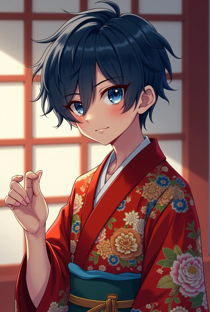 A boy. Japanese, pale skin, dark hair and blue eyes with a traditional kimono and red eyeliner. Waving his hand with a smirk and a little attitude.
Make him.
He has blue eyes framed with red eyeliner, fair skin, and short midnight blue hair in ear-lenght, with choppy bangs falling over his eyes.