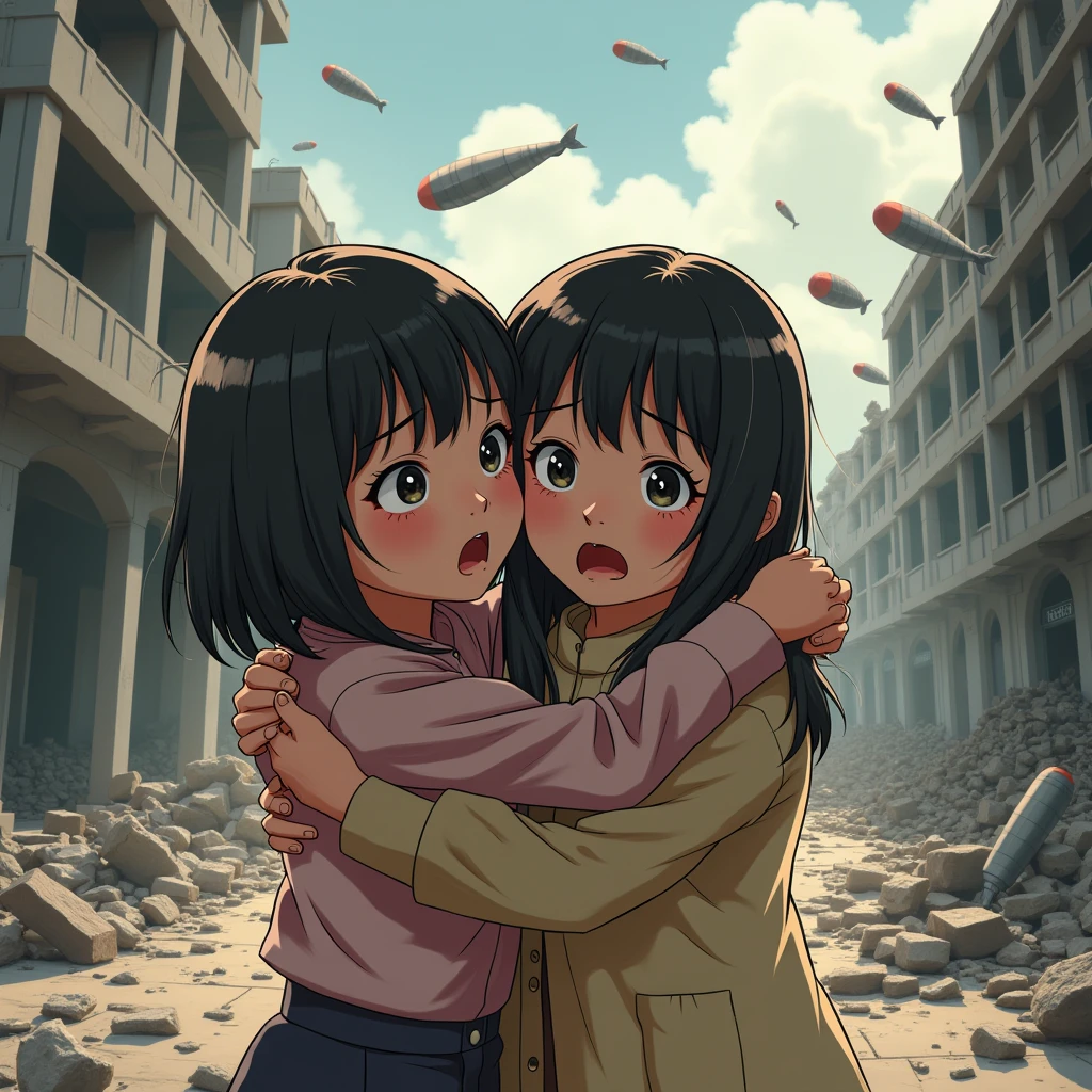 Identical twin sisters hugging each other in fear、2024; (masterpiece, Highest quality) Destroyed city (Hanoi)Two sad girls looking up(close); Bombs falling from the sky.