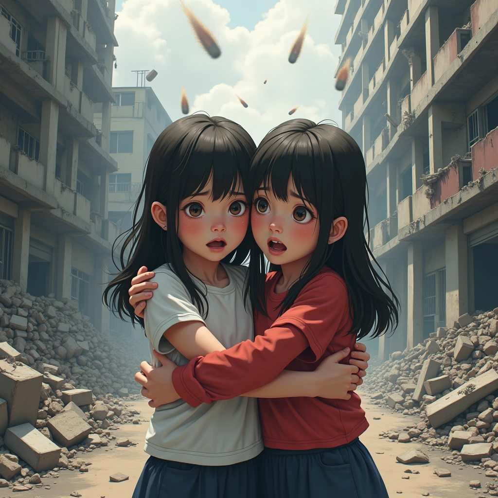 Identical twin sisters hugging each other in fear、2024; (masterpiece, Highest quality) Destroyed city (Hanoi)Two sad girls looking up(close); Bombs falling from the sky.