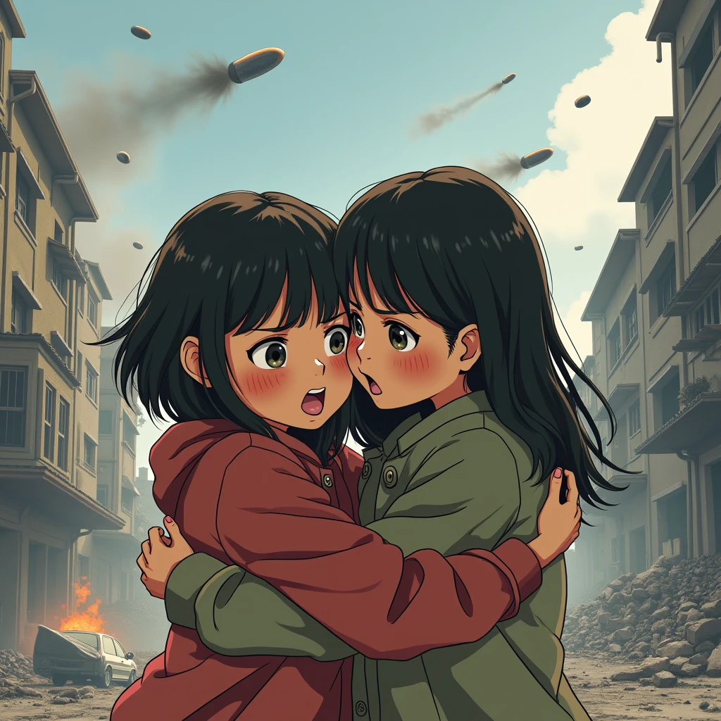 Identical twin sisters hugging each other in fear、2024; (masterpiece, Highest quality) Destroyed city (Hanoi)Two sad girls looking up(close); Bombs falling from the sky.