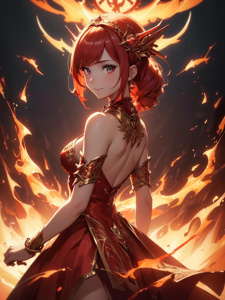 (((best quality, sharp image, clear image, cinematic lighting, 8k resolution, masterpiece, ultra detailed, intricate))) Girl, sorcerer, cute, intricate dress, smiling, fiery red, ((intricate background)), (rune frame), dimension, ((shot from behind)), fire sigils, chaotic background, ((half-body shot))
