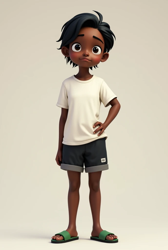 Create a Dark-Skinned Character, normal height, short black hair, sarcastic smile and doubtful look, white hollow sleeve t-shirt, black light shorts, and green sandals.