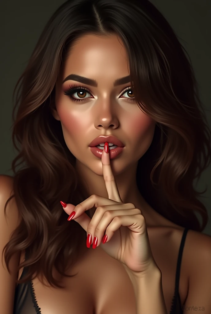 Latina woman putting finger in mouth with brown hair and naughty look