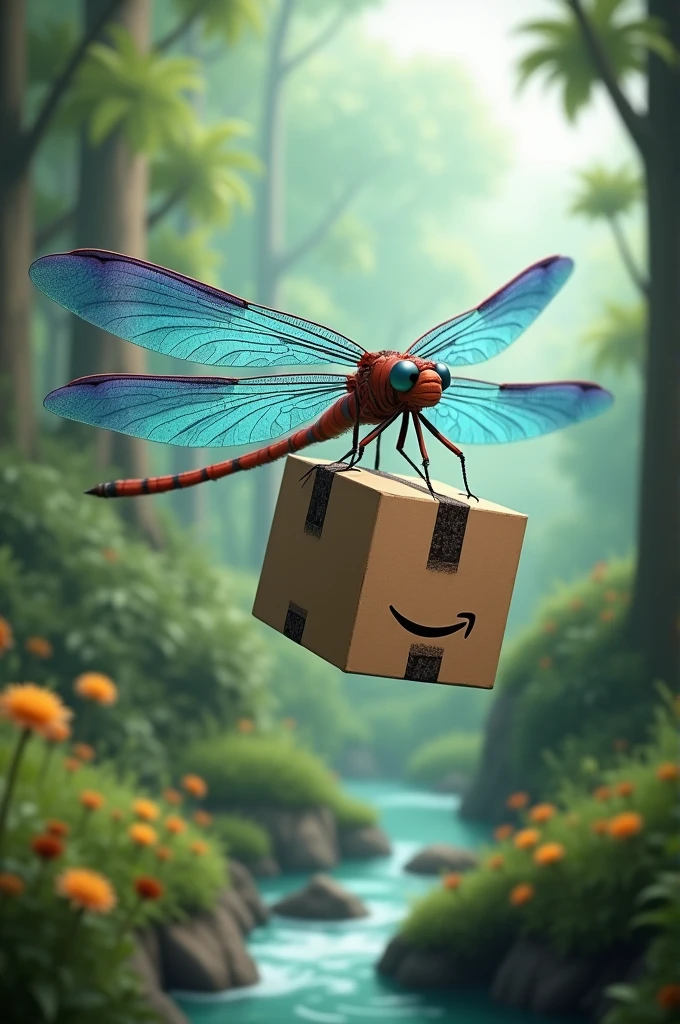 Dragonfly carrying Amazon box
