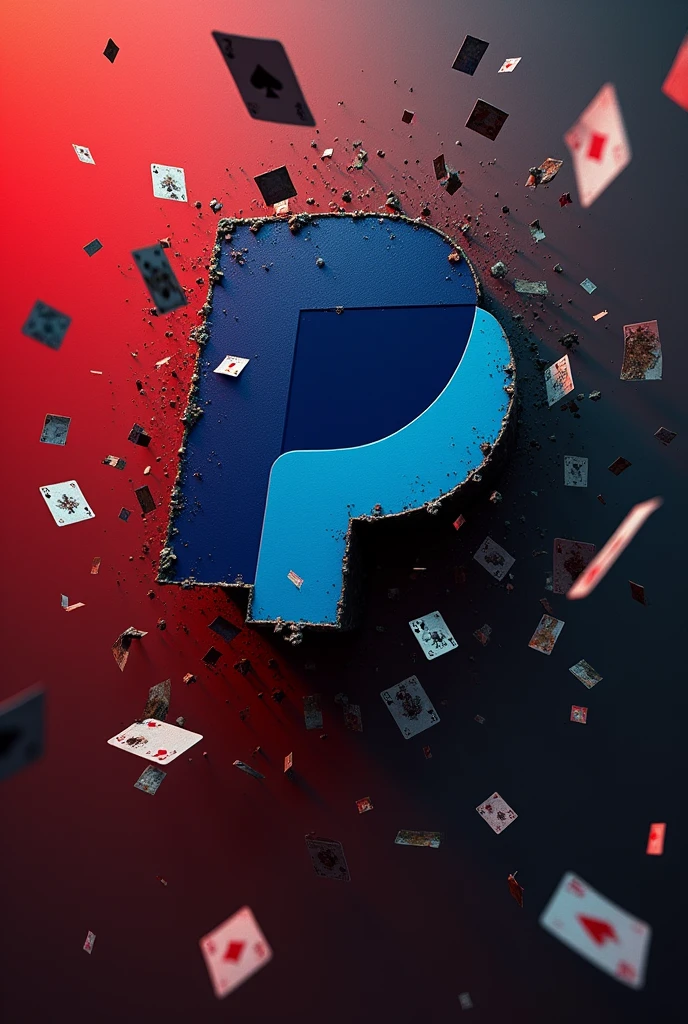 Dirty and toxic PayPal logo on a dark and red neon wall with playing cards flying around
