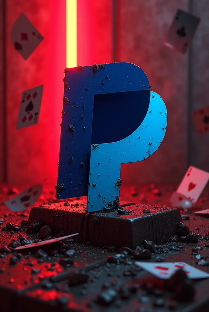 Dirty and toxic PayPal logo on a dark and red neon wall with playing cards flying around