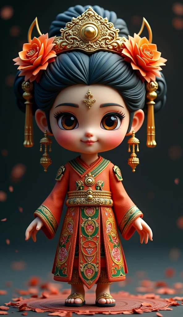 Chibi, mind bending, flat draw image, Profile Anime character manual of a "thai girl wears thai traditional costume" datasheet 3D figure, praying, standingcalm and smiling expression, mysterious, three objects with different images, main area show character perspective full body image, bottom area showing character look front-side-rear view, dynamic pose, massive and insanely of detail, infographic style, max bold solid line, CGI, vivid color, laser color, dark background,