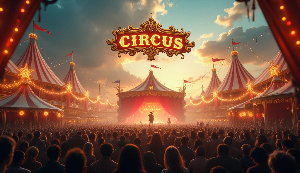 design cinematic circus pic with huge crowd of people and circus written in above camp with subtitle heading 'a journey through time' with size of powerpoint presentation