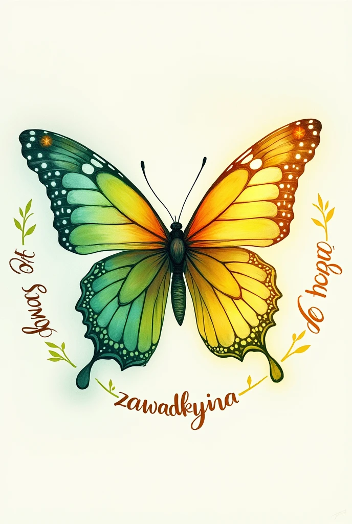 A drawing style image that has a butterfly that has the colors green, yellow and white and around it says,(wings of hope zawadzkyna) 