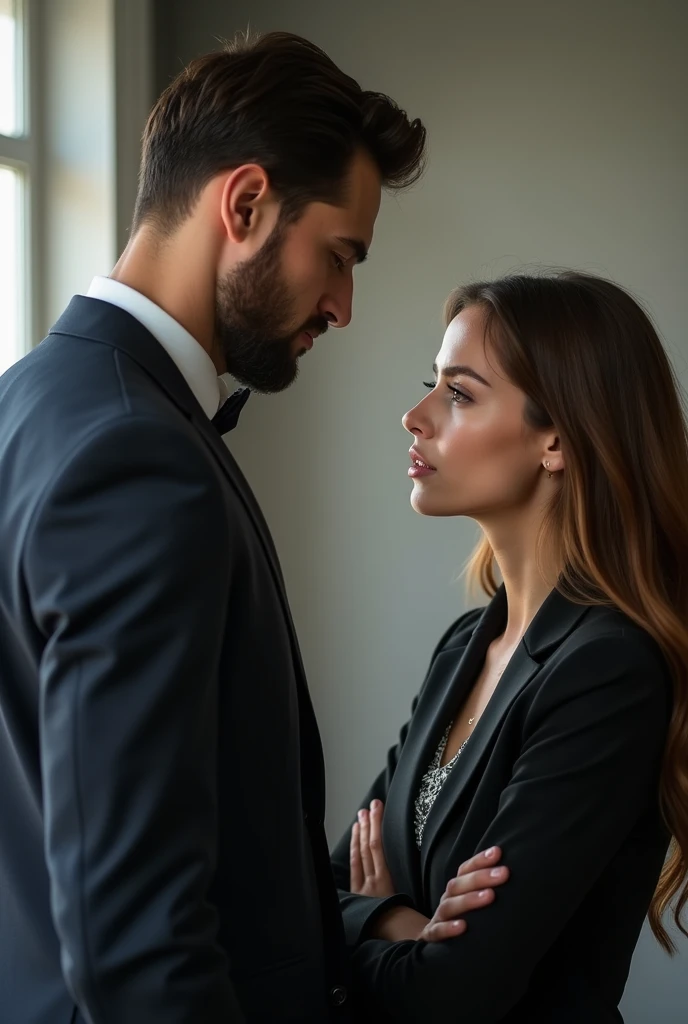 A very tall , handsome ceo man  with a rude gaze staring down at beautiful 
 girl with a fair skin tone lawyer girl , and the girl is folding her hands and staring back at him angrily, the boy has clean shave face , and handsome features they both are starting at eachother from distance 
