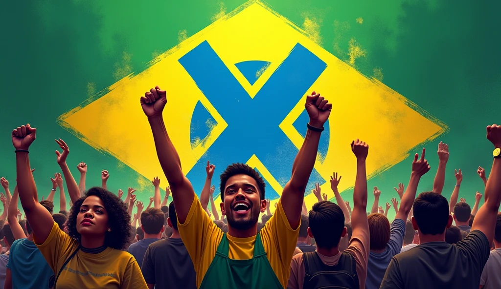 Create a visually stunning image of the X logo with a Brazilian flag behind it and protesters with their hands in the air.