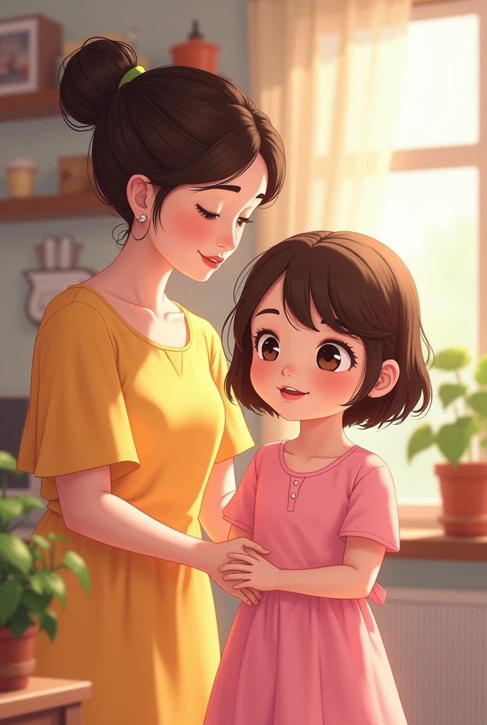 A drawing of a brunette girl with short, loose hair wearing a pink dress and a transparent background and her aunt in her house