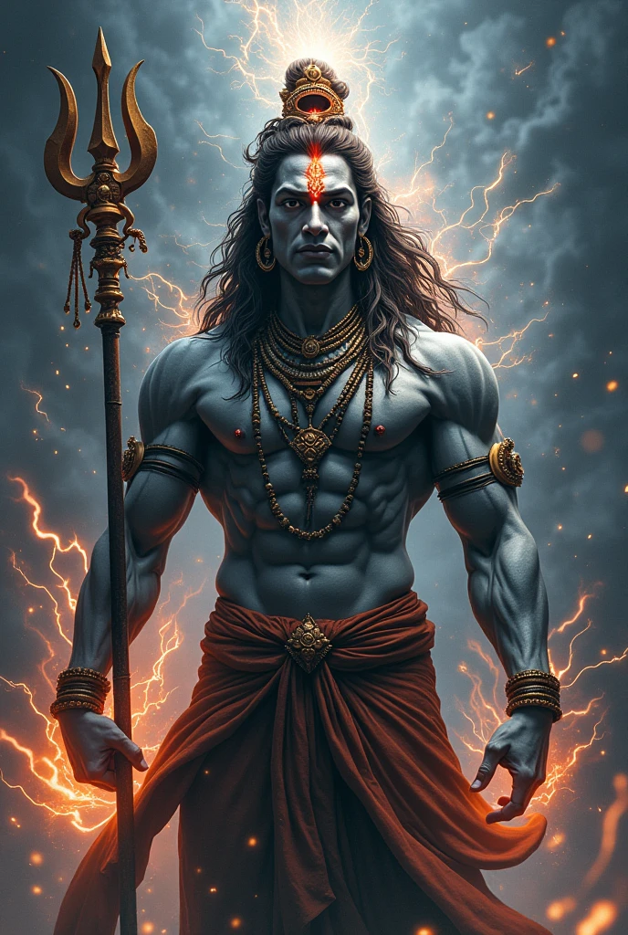 Lord shiv with red buring  in eye add some energy and power with trishul 
Make body extreme muscular 