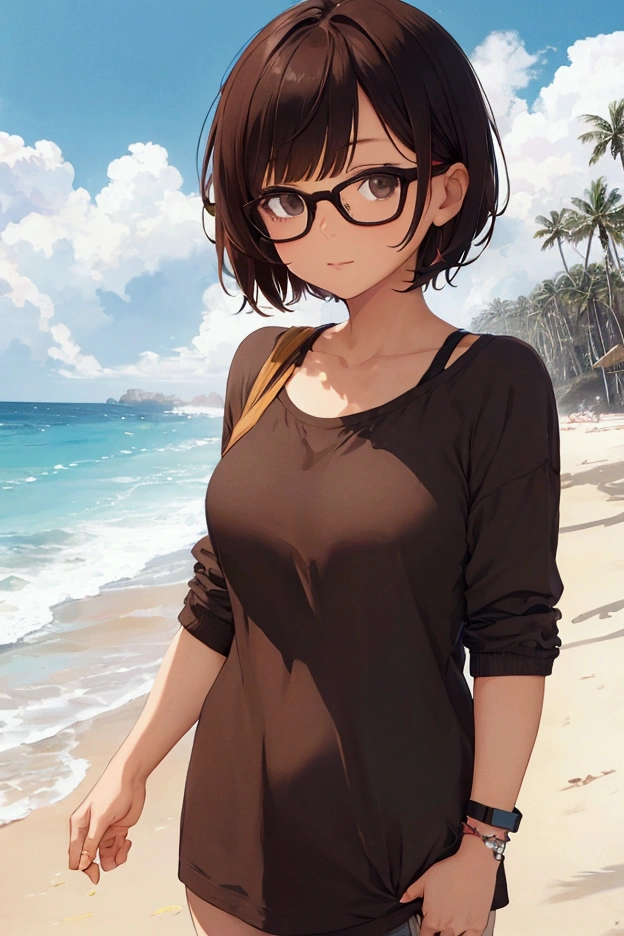 woman,short hair,Wear glasses,brown hair,casual clothes,With bangs.,Beach vacation background,Black Eyes,About 