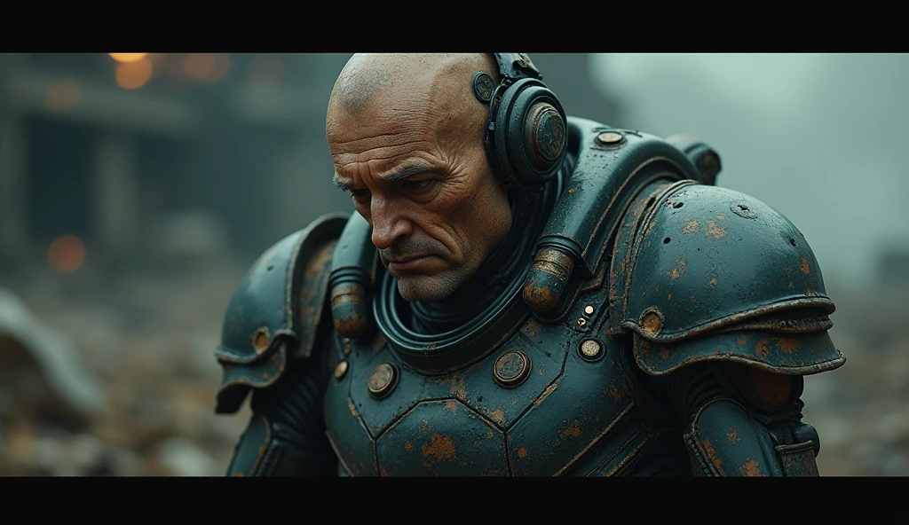 (Masterpiece.Uhd. Photorealistic. Analog photography) full body.a half-human, half-machine soldier, giant warrior armor. confronted with his own transformation, dramatic lighting, cyberpunk, dystopian, gritty, dark, moody, cinematic, 8k, detailed, hyperrealistic, high quality,tired face.tired eyes.