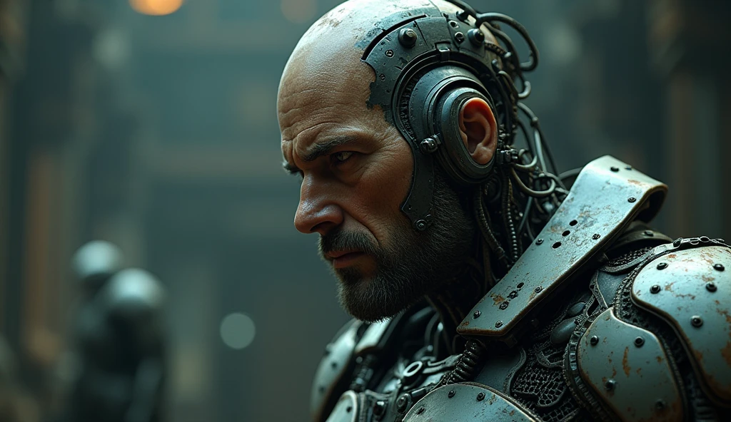 (Masterpiece.Uhd. Photorealistic. Analog photography) full body.a half-human, half-machine soldier, giant warrior armor. confronted with his own transformation, dramatic lighting, cyberpunk, dystopian, gritty, dark, moody, cinematic, 8k, detailed, hyperrealistic, high quality,tired face.tired eyes.