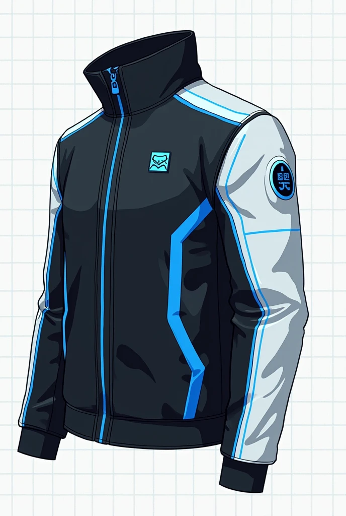 Design a futuristic jacket in a flat, schematic style. The jacket should be predominantly black (75%), with a high collar, featuring blue (10%) piping along the seams and white (15%) accents on the cuffs and upper chest. The right sleeve should be entirely white with subtle blue lines. Include a blue logo on the left chest area. Present the jacket in front, side, and back views on a grid background, using clean lines and emphasizing a technical fashion illustration style